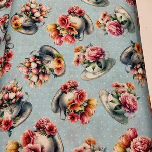 Designer Garden Teacup  Blue Cotton Fabric by the yard